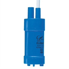 Blå cylindrisk vattenpump med två utlopp och kabel, texten visar "Serie: ELEGANT", för 12V användning.