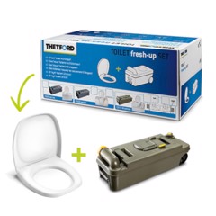 THETFORD Fresh-Up Kit C2-C3-C4 med toalettsits och avfallstank m/hjul och handtag. Förpackningen visas.