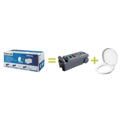 Set med grå avfallstank på hjul och vitt toalettsits. Förpackning märkt som toilet fresh-up set.